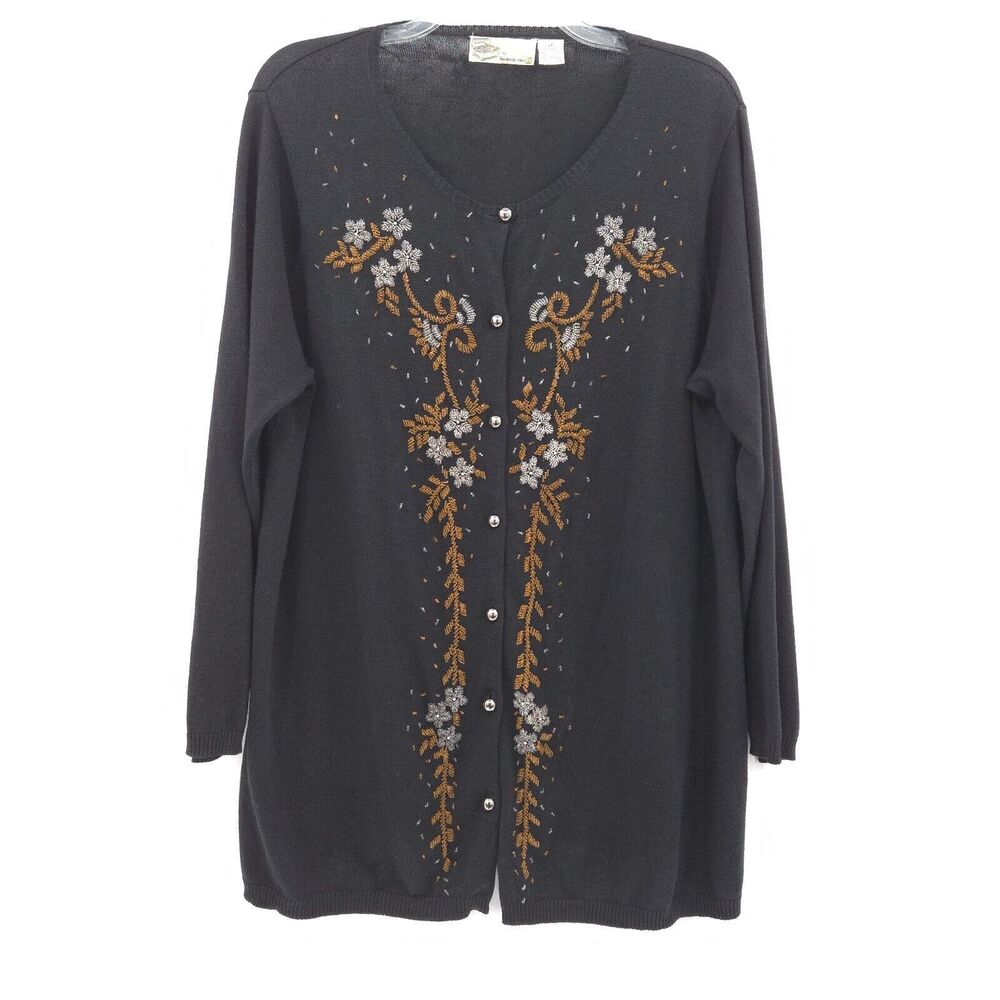Vintage Storybook Knits Cardigan Womens 2X Black Excellent Beaded Floral Sweater